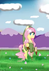 Size: 1328x1908 | Tagged: artist:mlpfimcp, clothes, cloud, cosplay, costume, crossover, derpibooru import, fluttershy, grass, link, mountain, raised hoof, safe, solo, the legend of zelda