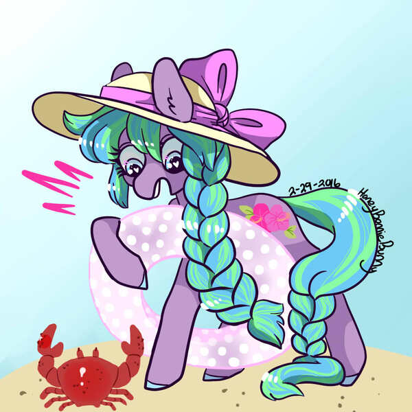 Size: 1000x1000 | Tagged: artist:honeybonniebunny, beach, crab, derpibooru import, g3, hat, inner tube, safe, solo, tropical delight