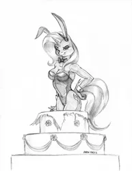 Size: 1100x1426 | Tagged: anthro, armpits, artist:baron engel, bowtie, breasts, bunny ears, bunny suit, busty trixie, cake, cleavage, clothes, cufflinks, cuffs (clothes), derpibooru import, female, food, leotard, looking at you, monochrome, pencil drawing, playboy bunny, pop out cake, simple background, sketch, smiling, solo, solo female, suggestive, traditional art, trixie, white background