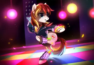 Size: 1145x801 | Tagged: safe, artist:ruhje, derpibooru import, oc, oc:ruby hop, unofficial characters only, pony, clothes, commission, dance floor, dancing, female, glow rings, jacket, leg warmers, mare, nightclub, smiling, solo