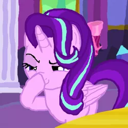 Size: 600x600 | Tagged: artist needed, safe, derpibooru import, edit, edited screencap, screencap, starlight glimmer, alicorn, pony, no second prances, 1000 hours in ms paint, alicornified, boop, exploitable meme, glimmerposting, lidded eyes, meme, ms paint, race swap, self-boop, smirk, solo, starlicorn, trace, xk-class end-of-the-world scenario