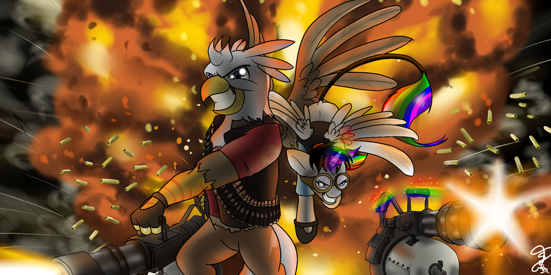 Size: 2000x1000 | Tagged: safe, artist:black_rider, artist:discordriderr34, artist:steveskunk, derpibooru import, oc, oc:lightning bliss, oc:silver quill, unofficial characters only, alicorn, gryphon, hippogriff, pony, analysis anarchy, explosion, team fortress 2