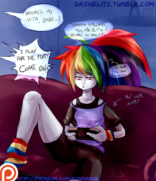 Size: 772x900 | Tagged: suggestive, artist:manic-the-lad, derpibooru import, rainbow dash, equestria girls, a dash of everything, gamer dash, patreon, patreon logo, playstation vita, rainbow blitz, rule 63, senran kagura, solo