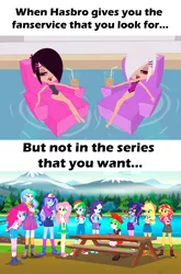 Size: 1280x1938 | Tagged: safe, derpibooru import, edit, edited screencap, screencap, applejack, fluttershy, pinkie pie, princess celestia, princess luna, rainbow dash, rarity, sci-twi, sunset shimmer, twilight sparkle, watermelody, equestria girls, legend of everfree, balloon, biskit, biskit twins, boots, brittany biskit, clothes, cowboy boots, cup, drink, fanservice, hasbro, hat, hilarious in hindsight, lake, littlest pet shop, mane six, mountain, principal celestia, shoes, shorts, skirt, sneakers, socks, swimming pool, table, tree, vice principal luna, whittany biskit