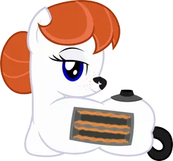 Size: 1912x1779 | Tagged: safe, artist:badumsquish, derpibooru import, oc, oc:ginger-bread, unofficial characters only, original species, toaster pony, badumsquish strikes again, coils, draw me like one of your french girls, female, freckles, ginger, hair bun, looking at you, looking back, red hair, side, simple background, slots, smiling, solo, toaster, transparent background