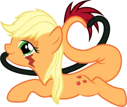 Size: 2125x1782 | Tagged: safe, artist:badumsquish, derpibooru import, applejack, oc, unofficial characters only, monster pony, original species, tatzlpony, bedroom eyes, female, heart, looking at you, prehensile tail, prehensile tongue, prone, simple background, smiling, solo, species swap, tatzljack, transparent background