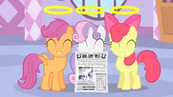 Size: 1280x720 | Tagged: safe, derpibooru import, screencap, apple bloom, scootaloo, sweetie belle, pony, stare master, bad idea, cutie mark crusaders, fake news, foal free press, gabby gums, imminent spanking, newspaper, these sweet little angels, this will end in tears and/or death and/or covered in tree sap