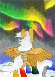 Size: 2454x3474 | Tagged: safe, artist:saxpony, derpibooru import, oc, unofficial characters only, pony, aurora borealis, avatar the last airbender, crossover, double wings, female, looking up, mare, multiple wings, snow, spread wings, traditional art