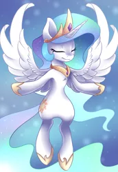 Size: 2027x2939 | Tagged: safe, artist:scarlet-spectrum, derpibooru import, princess celestia, alicorn, pony, armpits, crown, cutie mark, ethereal mane, ethereal tail, eyes closed, female, floating, flowing mane, flowing tail, glowing mane, glowing tail, hoof shoes, jewelry, mare, multicolored mane, multicolored tail, peytral, regalia, royalty, smiling, solo, sparkles, spread wings