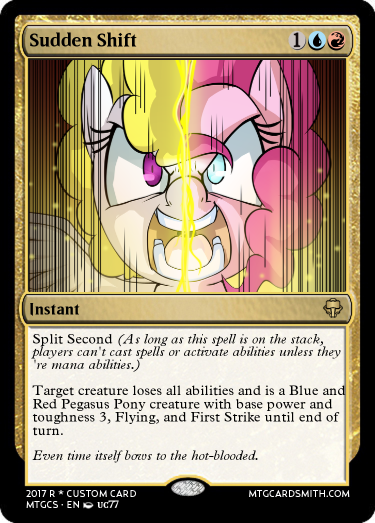 Size: 375x523 | Tagged: artist:uc77, card, derpibooru import, edit, editor:mordekaiserhuehuehue, epic, g1, g1 to g4, generation leap, hotblooded pinkie pie, magic the gathering, pinkie pie, safe, surprise, trading card, trading card edit