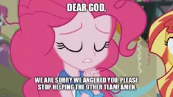 Size: 887x500 | Tagged: safe, derpibooru import, pinkie pie, sunset shimmer, equestria girls, friendship games, christianity, god, pinkie pie praying, praying, religion, soldier, team fortress 2