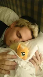 Size: 456x810 | Tagged: applejack, bed, derpibooru import, human, irl, irl human, milo yiannopoulos, photo, pillow, plushie, ring, safe, sleeping, source needed, ty