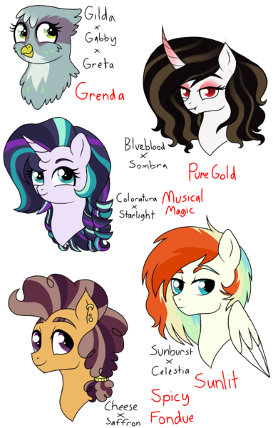 Size: 812x1272 | Tagged: safe, artist:unoriginai, derpibooru import, oc, unofficial characters only, adoptable, bust, crack shipping, magical gay spawn, magical lesbian spawn, offspring, parent:cheese sandwich, parent:coloratura, parent:gabby, parent:gilda, parent:greta, parent:king sombra, parent:prince blueblood, parent:princess celestia, parent:saffron masala, parent:starlight glimmer, parent:sunburst, shipping, simple background, transparent background