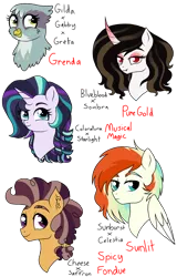 Size: 812x1272 | Tagged: safe, artist:unoriginai, derpibooru import, oc, unofficial characters only, adoptable, bust, crack shipping, magical gay spawn, magical lesbian spawn, offspring, parent:cheese sandwich, parent:coloratura, parent:gabby, parent:gilda, parent:greta, parent:king sombra, parent:prince blueblood, parent:princess celestia, parent:saffron masala, parent:starlight glimmer, parent:sunburst, shipping, simple background, transparent background