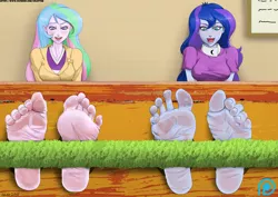 Size: 4961x3508 | Tagged: suggestive, artist:xplotter, derpibooru import, princess celestia, princess luna, equestria girls, absurd resolution, barefoot, clothes, feet, female, females only, foot fetish, laughing, principal celestia, siblings, sisters, smiling, soles, spread toes, stocks, tickle roller, tickling, toes, vice principal luna, wrinkles