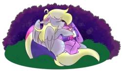 Size: 1024x612 | Tagged: safe, artist:cubbybatdoodles, derpibooru import, derpy hooves, twilight sparkle, twilight sparkle (alicorn), alicorn, pegasus, pony, cuddling, ear fluff, eyes closed, female, floppy ears, lesbian, night, prone, shipping, smiling, snuggling, twerpy