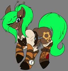 Size: 921x960 | Tagged: safe, artist:razinoats, derpibooru import, oc, oc:sprocket, unofficial characters only, earth pony, pony, clock, clothes, gauntlet, gun, solo, steampunk, vest