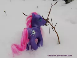 Size: 977x734 | Tagged: artist:chelidoni, derpibooru import, g3, irl, photo, safe, snow, solo, star dasher, toy