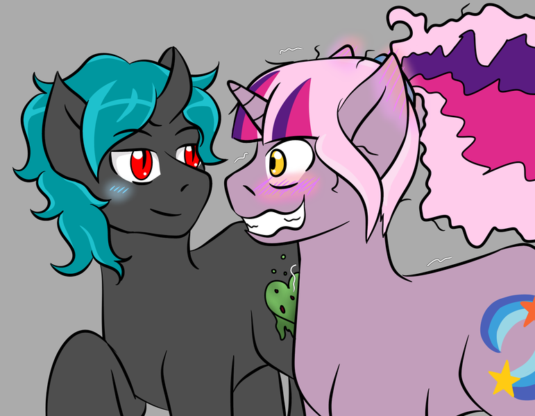 Size: 1800x1400 | Tagged: safe, artist:jolliapplegirl, derpibooru import, oc, oc:sirius veil, oc:toxic love, unofficial characters only, changeling, pony, unicorn, changeling oc, grin, magical lesbian spawn, nervous, nervous grin, next generation, offspring, parent:mane-iac, parent:princess celestia, parent:queen chrysalis, parent:twilight sparkle, parents:mane-salis, parents:twilestia, smiling