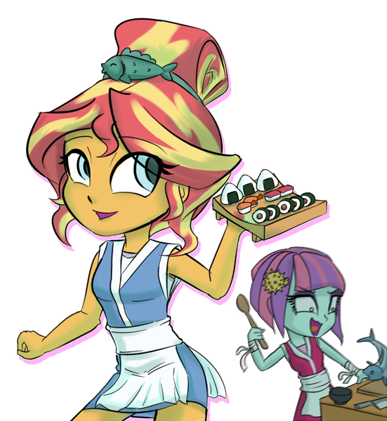 Size: 716x780 | Tagged: safe, artist:kul, derpibooru import, sunny flare, sunset shimmer, fish, equestria girls, apron, barrette, clothes, colored pupils, female, food, hairclip, hairpin, happi, no catchlights, panic, serving tray, smiling, standing, sunset sushi, sushi, toy interpretation