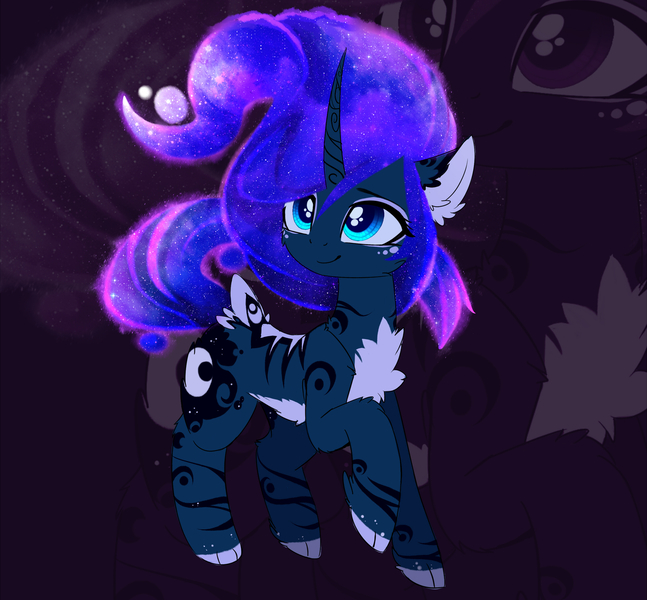 Size: 2480x2299 | Tagged: safe, artist:magnaluna, derpibooru import, princess luna, pony, unicorn, alternate design, chest fluff, chibi, colored pupils, curved horn, cute, ear fluff, galaxy mane, lunabetes, race swap, raised hoof, smiling, solo, zoom layer