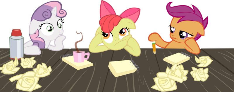 Size: 8845x3502 | Tagged: absurd resolution, apple bloom, artist:flizzick, bored, chocolate, cutie mark crusaders, derpibooru import, exploitable meme, food, hot chocolate, image macro, meme, notepad, obligatory pony, ponyville confidential, safe, scootaloo, simple background, sudden clarity sweetie belle, sweetie belle, thermos, thinking, thinking bloom, transparent background