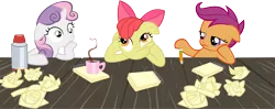 Size: 8845x3502 | Tagged: absurd resolution, apple bloom, artist:flizzick, bored, chocolate, cutie mark crusaders, derpibooru import, exploitable meme, food, hot chocolate, image macro, meme, notepad, obligatory pony, ponyville confidential, safe, scootaloo, simple background, sudden clarity sweetie belle, sweetie belle, thermos, thinking, thinking bloom, transparent background