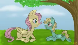 Size: 1024x591 | Tagged: safe, artist:flourret, derpibooru import, fluttershy, zephyr breeze, pegasus, pony, blank flank, brother and sister, chest fluff, cloud, colt zephyr breeze, cute, duo, ear fluff, female, folded wings, grass, looking at each other, lying down, male, neck fluff, open mouth, outdoors, profile, prone, shyabetes, siblings, signature, sky, smiling, talking, tree, under the tree, younger, zephyrbetes
