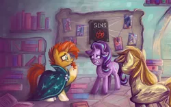 Size: 1280x800 | Tagged: safe, artist:madblackie, derpibooru import, discord, king sombra, lord tirek, nightmare moon, queen chrysalis, starlight glimmer, sunburst, oc, oc:alice goldenfeather, pegasus, pony, book, female, mare, story in the source