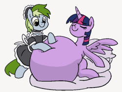 Size: 400x300 | Tagged: suggestive, artist:dudey64, derpibooru import, twilight sparkle, twilight sparkle (alicorn), oc, alicorn, pony, animated, belly, bellyrubs, big belly, clothes, fetish, frame by frame, gif, impossibly large belly, kneading, maid, pillow, twipred, vore