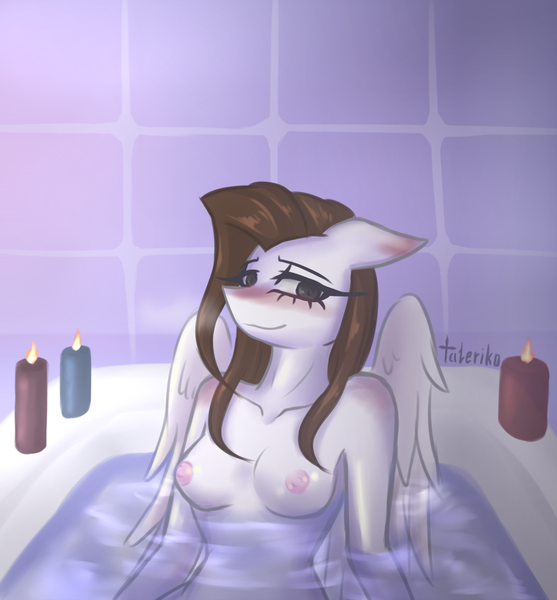 Size: 1146x1234 | Tagged: anthro, anthro oc, artist:taleriko, bath, bathroom, bathtub, blushing, candle, cute, cute porn, derpibooru import, female, looking at you, mare, nipples, nudity, oc, oc:lane dark, pegasus, questionable, rcf community, solo, solo female, unofficial characters only, water, wet, wings