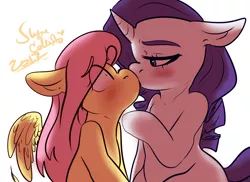 Size: 1828x1332 | Tagged: safe, artist:slynecallisto, derpibooru import, fluttershy, rarity, blushing, female, flarity, floppy ears, kissing, lesbian, pinpoint eyes, shipping, simple background, spread wings, surprise kiss, wide eyes, wingboner