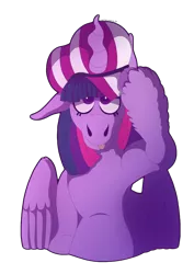 Size: 2480x3508 | Tagged: safe, artist:moonhowlerel, derpibooru import, twilight sparkle, twilight sparkle (alicorn), alicorn, pony, cloven hooves, hat, high res, simple background, solo, tongue out, transparent background