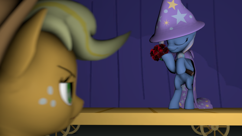 Size: 3840x2160 | Tagged: safe, artist:oc1024, derpibooru import, applejack, trixie, pony, unicorn, boast busters, 3d, arm hooves, cape, clothes, eyes closed, female, flower, hat, mare, scene interpretation, source filmmaker, stage, standing, trixie's cape, trixie's hat, unamused