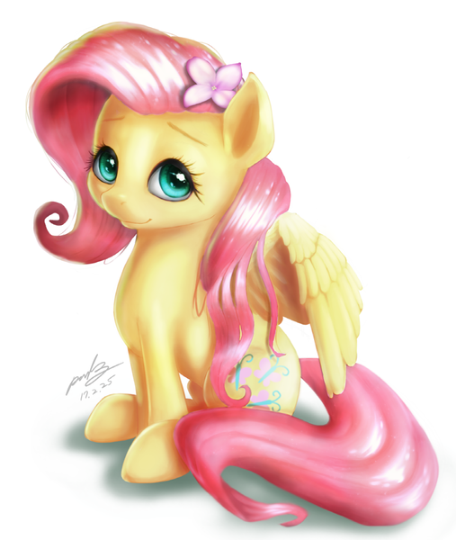 Size: 950x1125 | Tagged: safe, artist:the-park, derpibooru import, fluttershy, pegasus, pony, color, cute, flower, flower in hair, looking at you, shyabetes, simple background, sitting, solo, white background, wings