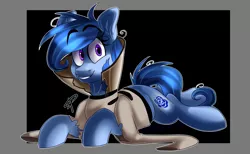 Size: 3019x1863 | Tagged: safe, artist:swoopypoolin, derpibooru import, oc, oc:psycholanda, oc:raylanda, unofficial characters only, earth pony, pony, alternate universe, clothes, collar, cute, eyebrows, female, looking at you, lying, mare, ruffled hair, smiling, solo, straitjacket