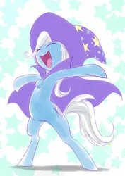 Size: 2893x4092 | Tagged: safe, artist:manmaru00, derpibooru import, trixie, pony, unicorn, abstract background, absurd resolution, bipedal, cape, clothes, cute, diatrixes, eyes closed, female, happy, hat, high res, mare, open mouth, pixiv, pose, smiling, solo, standing, the great and powerful, trixie's cape, trixie's hat