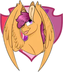 Size: 1249x1440 | Tagged: safe, artist:hostile-elf, derpibooru import, scootaloo, pegasus, pony, bust, cutie mark background, portrait, simple background, solo, tongue out, transparent background