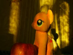 Size: 4608x3456 | Tagged: safe, artist:mfg637, derpibooru import, applejack, earth pony, pony, absurd resolution, apple, female, food, irl, light and dark, mare, photo, plushie, solo, sun light