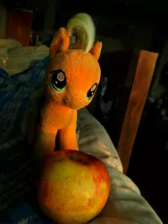 Size: 3456x4608 | Tagged: safe, artist:mfg637, derpibooru import, applejack, earth pony, pony, absurd resolution, apple, female, food, irl, mare, photo, plushie, solo, sun light