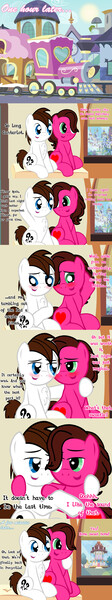 Size: 1680x9000 | Tagged: absurd resolution, artist:aarondrawsarts, bedroom eyes, blushing, brainbloom, comic:anniversary in canterlot, derpibooru import, embarrassed, hug, oc, oc:brain teaser, oc:rose bloom, safe, train, unofficial characters only