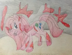 Size: 400x306 | Tagged: artist:wolfspiritclan, crayon, crayon drawing, derpibooru import, fanfic:cupcakes, pinkamena diane pie, pinkie pie, semi-grimdark, solo, traditional art, watermark