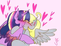 Size: 1024x768 | Tagged: safe, artist:cubbybatdoodles, derpibooru import, derpy hooves, twilight sparkle, twilight sparkle (alicorn), alicorn, pegasus, pony, blushing, cuddling, eyes closed, female, kissing, lesbian, rainbow power, shipping, snuggling, spread wings, twerpy