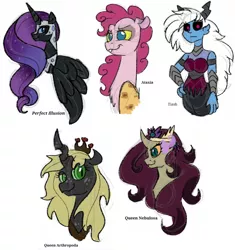Size: 900x956 | Tagged: safe, artist:sweetheart-arts, derpibooru import, changeling queen oc, oc, oc:ataxia, oc:lord tiash, oc:perfect illusion, oc:princess radiance, oc:queen arthropoda, oc:queen nebulosa, unofficial characters only, alicorn, centaur, changeling, changeling queen, draconequus, alicorn oc, alternate universe, brown changeling, bust, changeling oc, draconequus oc, ethereal mane, female, starry mane, story included