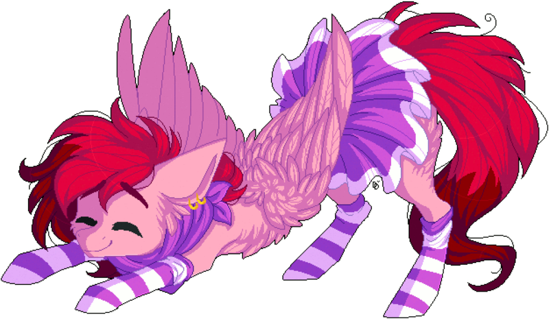 Size: 1252x729 | Tagged: safe, artist:tenebristayga, derpibooru import, oc, oc:cotton candy, unofficial characters only, pegasus, pony, bandana, cheek fluff, chest fluff, clothes, crossdressing, cute, ear fluff, ear piercing, earring, femboy, fluffy, jewelry, male, piercing, pixel art, pleated skirt, simple background, skirt, skirt lift, socks, solo, stallion, striped socks, transparent background, trap, wing fluff