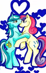 Size: 403x639 | Tagged: safe, artist:skypinpony, derpibooru import, bon bon, lyra heartstrings, sweetie drops, female, lesbian, lyrabon, shipping, traditional art