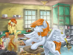 Size: 1854x1400 | Tagged: safe, artist:redheadfly, derpibooru import, oc, oc:dynamo sparks, oc:fuego, unofficial characters only, pegasus, pony, cabinet, commission, cute, duo, female, filly, fire, foal, image, indoors, kitchen, looking at each other, mare, mess, mother and daughter, open mouth, png, sitting, stove, wing hands, wings