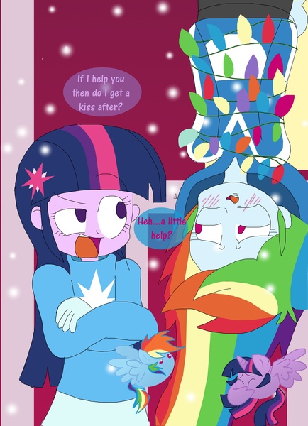 Size: 2891x3998 | Tagged: safe, artist:rainbowyoshi305, derpibooru import, rainbow dash, twilight sparkle, twilight sparkle (alicorn), equestria girls, blushing, christmas lights, clothes, female, gift art, lesbian, my little squishy, shipping, sweater, twidash, upside down