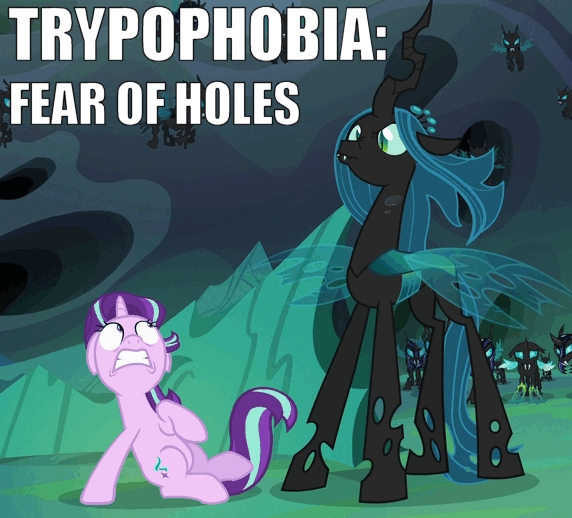 Size: 572x518 | Tagged: safe, derpibooru import, edit, edited screencap, screencap, queen chrysalis, starlight glimmer, thorax, changeling, changeling queen, pony, unicorn, to where and back again, caption, changeling guard, changeling officer, duo focus, faic, fangs, floating, floppy ears, frown, gritted teeth, image macro, looking up, meme, nose wrinkle, phobia, raised hoof, raised leg, scared, scrunchy face, sitting, spread wings, trypophobia