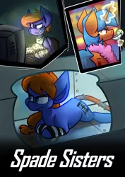 Size: 1024x1448 | Tagged: safe, artist:crownedspade, derpibooru import, oc, oc:code break, oc:heart break, oc:jail break, unofficial characters only, earth pony, pegasus, pony, unicorn, comic:spade sisters, air vent, comic, computer, keyboard, magic, mittens